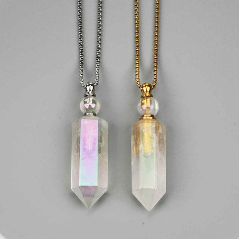 27" Angel Aura Quartz Hexagon Point Perfume Bottle Necklace, Titanium AB Color, Natural White Crystal Stone Bottle Necklaces WX2089
