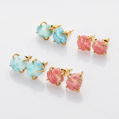 Gold Natural Rhodochrosite Claw Stud Earrings, Larimar Studs, Healing Gemstone Earrings ZG0497