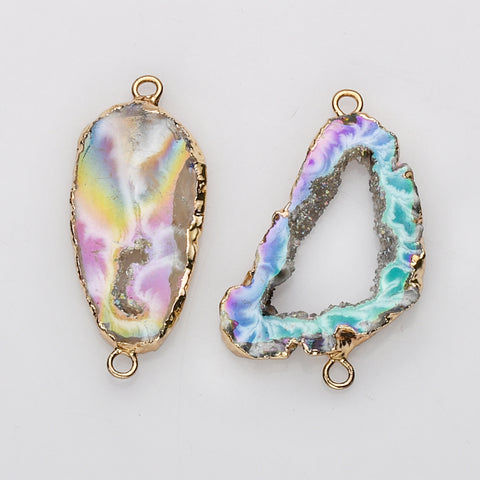 Gold Natural Agate Titanium AB Color Druzy Slice Connector, Freeform Druzy Geode Charm, Making Jewelry G1453