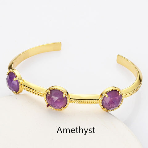 Gold Plated Brass 3-Round-Gemstone Faceted Bangle, Healing Crystal Quartz Cuff Bracelet  ZG0493