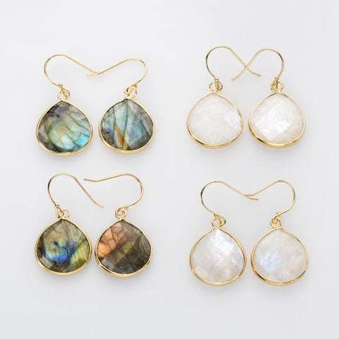 Gold Plated Natural Labradorite Faceted Dangle Earrings, Moonstone Teardrop Earrings G2096