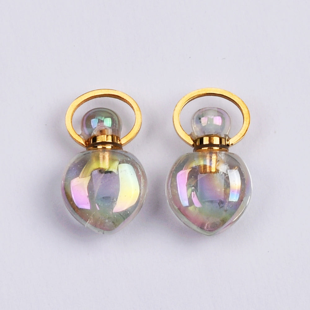 Gold Plated Heart AB White Titanium Quartz Perfume Bottle Pendant & Necklace, Healing Crystal Jewelry G2066