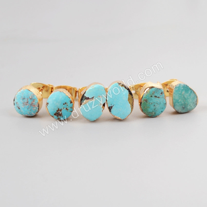 Gold Plated FreeForm Natural Turquoise Stud Earrings Jewelry For Women G1017