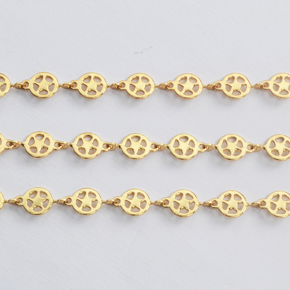 16 Feet Gold Plated Brass Hollow Star Round Chain, 6mm Coin Chain, For Necklace Bracelet Jewelry Making, Wholesale Supply PJ493
