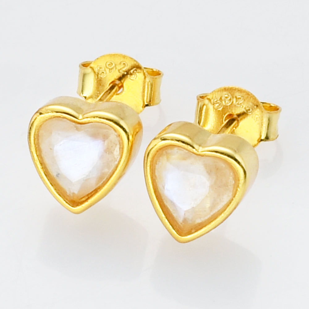 S925 Sterling Silver Heart Moonstone Faceted Stud Earrings SS249EG