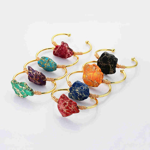 Gold Plated Brass Wire Wrap Rainbow Sea Sediment Jasper Bangle Bracelet WX2081