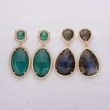 Oval & Teardrop Gold Plated Natrual Gemstone Earrings, Micro Pave Dangle Earrings, Faceted Crystal Stone, Labradoirte Green Agate Earrigns Jewelry WX2150