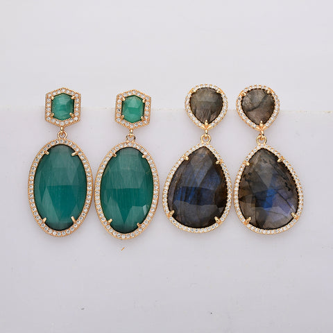 Oval & Teardrop Gold Plated Natrual Gemstone Earrings, Micro Pave Dangle Earrings, Faceted Crystal Stone, Labradoirte Green Agate Earrigns Jewelry WX2150
