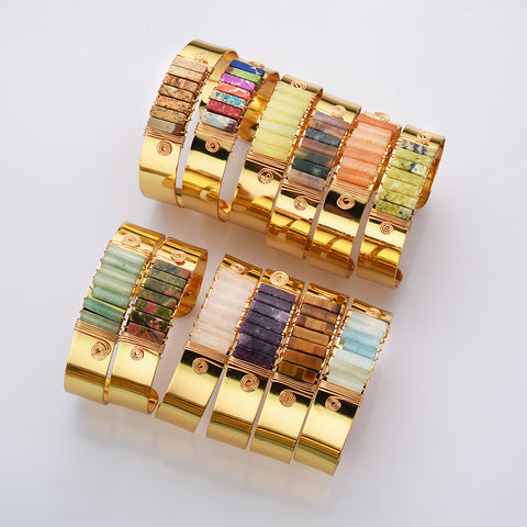 Gold Plated Brass Wire Wrap Gemstone Bangle Bracelet, Crystal Stone Cuff WX2197