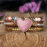 Rhodonite Big Heart 4mm Crystal Stone Beads 3-Layers Leather Wrap Bracelet, Handmade Boho Jewelry HD0373