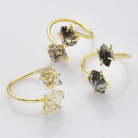 Adjustable Gold Plated Claw Raw Herkimer Quartz Ring, Healing Crystal Stone Ring Jewelry ZG0500