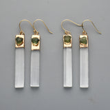 Gold Plated Rectangle Natural Selenite Crystal Earrings, Pave Raw Gemstone Chips, Healing Jewelry, Boho Earrings G2091
