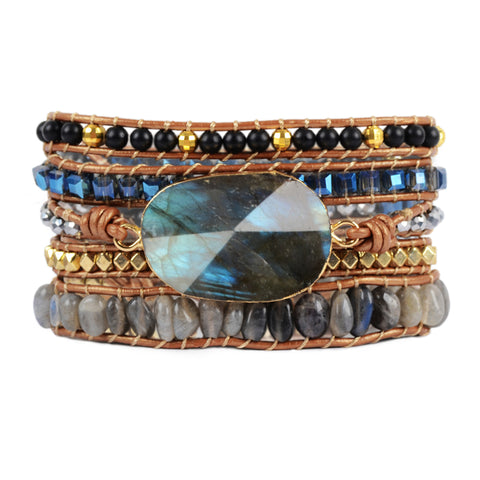 Gold Faceted Labradorite 4mm Natural Stone Beads 5-Layers Leather Wrap Bracelet, Boho Handmade Jewelry HD0082