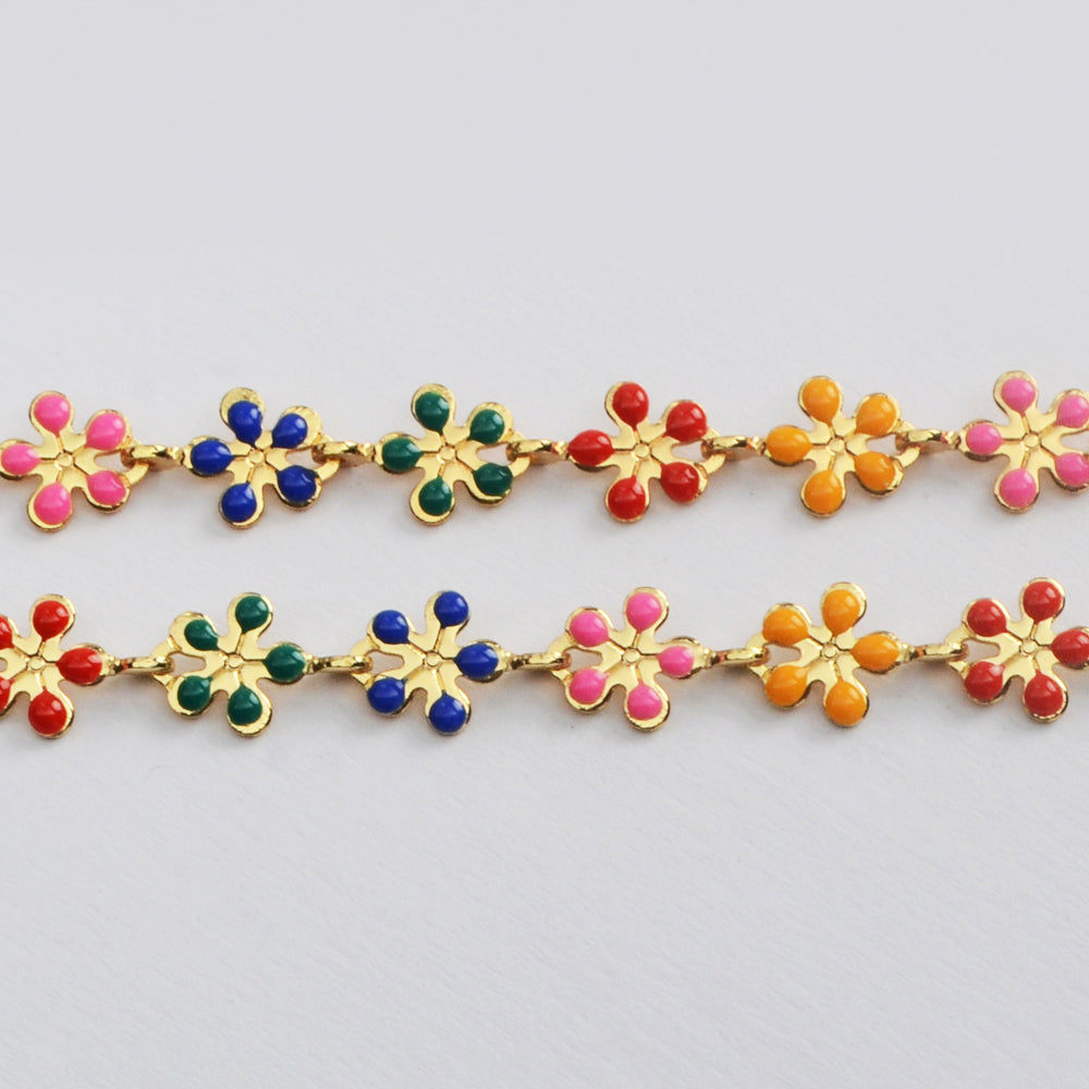 16 Feet Gold Plated Brass Rainbow Oil Dripping Flower Chain, Enamel Paint Chain, For Necklace Bracelet Jewelry Making, Wholesale Supply PJ496