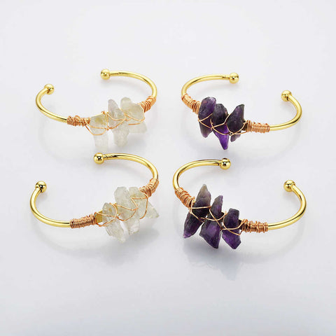 Gold Plated Brass Wire Wrap Raw Natural Amethyst Bracelet Raw White Quartz Bangle Bracelet Crystal Gmstone Bracelet Jewelry WX2077