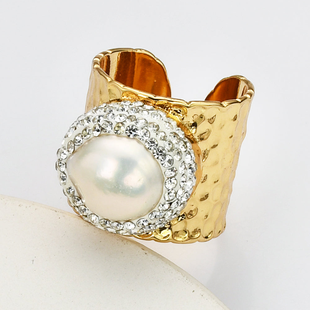 white pearl ring, gold band ring, rhinestone ring, cz ring, zircon ring, micro pave ring, ring cuff, pearl jewelry, mother's ring, mother's day gift, lady's fashion ring