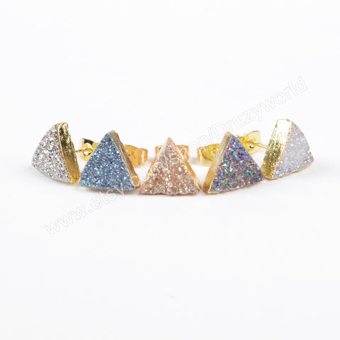 Gold Plated Triangle 10mm Natural Agate Titanium Rainbow Druzy Stud Earrings G0915