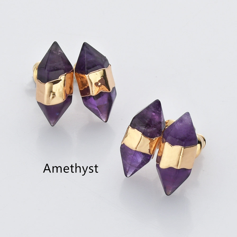 Gold Plated Hexagon Point Natural Gemstone Stud Earrings, Birthstone Earrings, Healing Crystal Stone Post Earrings, Wholesale Supply G2092