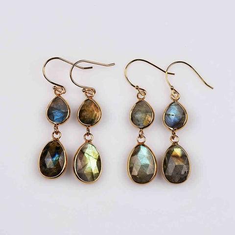 Double Teardrop Gold Plated Natrual Labradorite Faceted Dangle Earrings Briolette Crystal Gemstone Earrings G2087