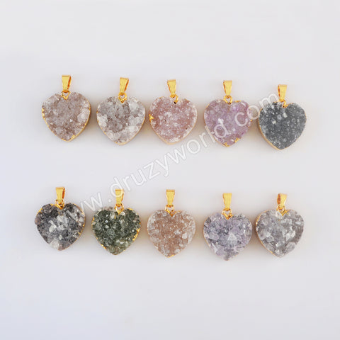 Gold Plated Heart Natural Colors Agate Druzy Pendant G2019