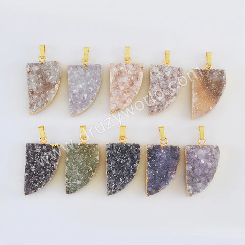 Gold Plated Horn Shape Natural Colors Agate Druzy Pendant G2024