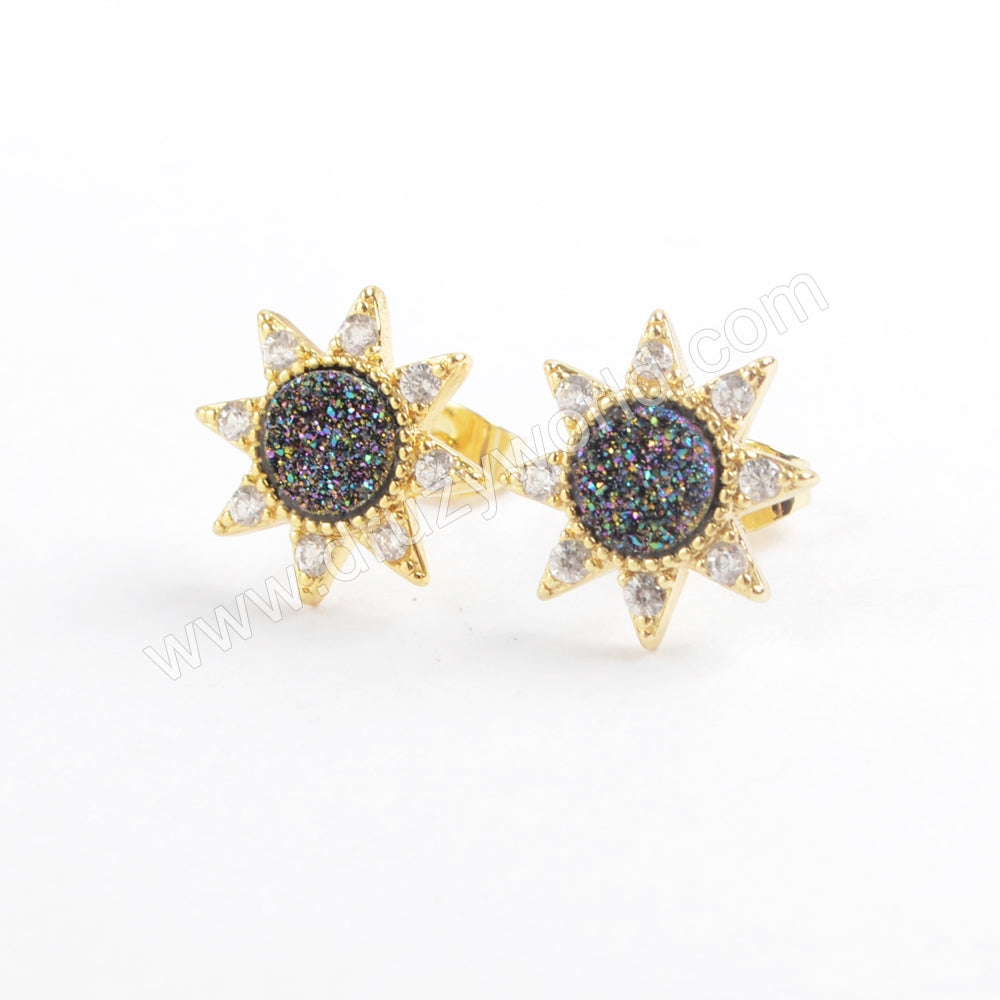 Star Gold Plated CZ Micro Pave Rainbow Natural Titanium Druzy Studs Earring ZG0383