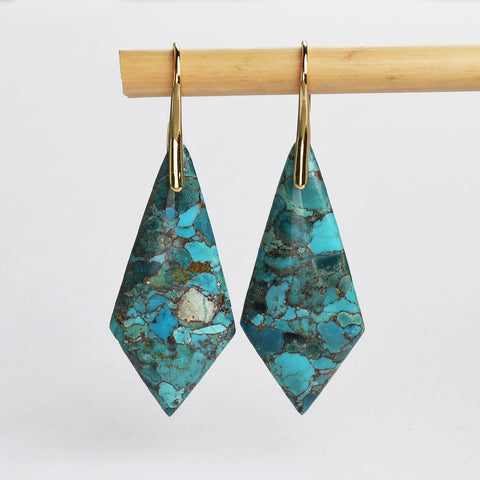 Gold Long Diamond Shape Copper Turquoise Dangle Earrings G2078-3