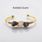Gold Plated Brass Multi Gemstone Wire Wrap Bangle Bracelet, Healing Crystal Stone Cuff Handmade Boho Jewelry WX2075