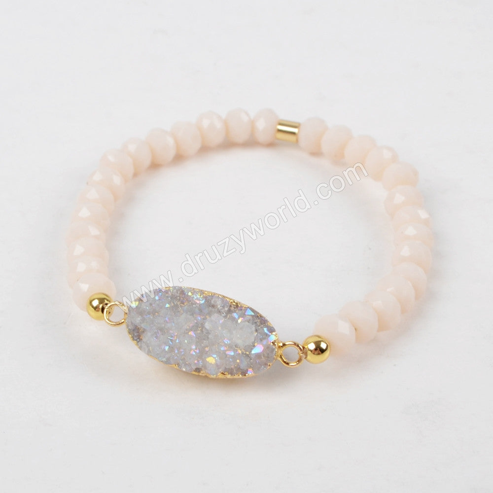 Oval Titanium Rainbow Druzy Bracelet, Faceted Quartz Beaded Bracelet, Handmade Boho Jewelry G1282