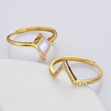 925 Sterling Silver Moonstone CZ Set Rings, Adjustable, Diamond Moonstone Ring, Zircon Crown Ring, V Shape CZ Ring SS243
