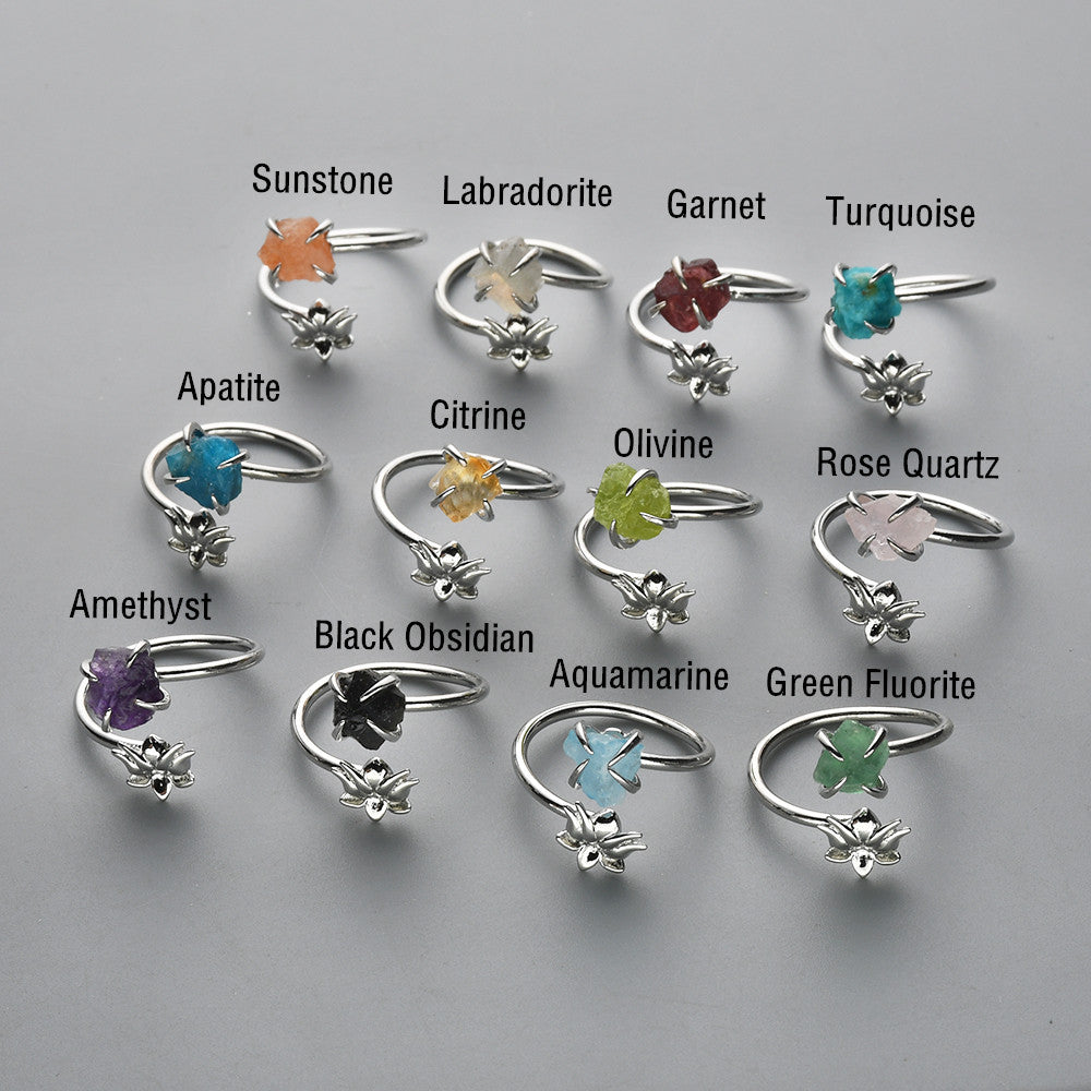 Silver Claw Lotus Raw Gemstone Ring, Adjustable, Healing Crystal Stone Jewelry, Birthstone Ring ZS0488
