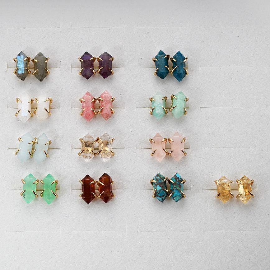 Tiny Hexagon Gold Plated Claw Rainbow Natural Gemstone Stud Earrings, Terminated Point, Faceted Healing Crystal Stone Earrings, Birthstone Earrings Jewelry ZG0481