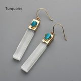 Gold Plated Rectangle Natural Selenite Crystal Earrings, Pave Raw Gemstone Chips, Healing Jewelry, Boho Earrings G2091