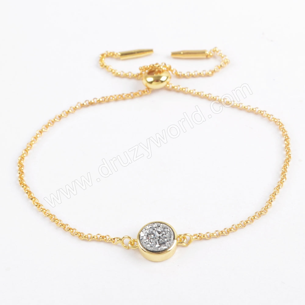 Round Gold Plated Bezel Rainbow Titanium Natural Druzy Bracelet, Adjustable Chain ZG0367