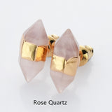 Gold Plated Hexagon Point Natural Gemstone Stud Earrings, Birthstone Earrings, Healing Crystal Stone Post Earrings, Wholesale Supply G2092