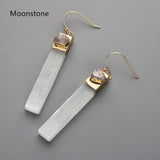 Gold Plated Rectangle Natural Selenite Crystal Earrings, Pave Raw Gemstone Chips, Healing Jewelry, Boho Earrings G2091