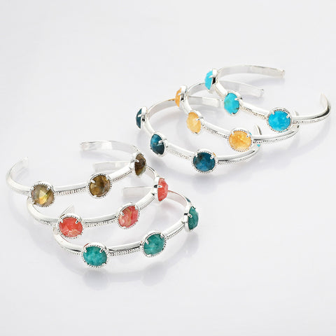 Silver Plated Brass Round Three-Gemstone Faceted Bangle, Healing Crystal Quartz Cuff Bracelet ZS0493