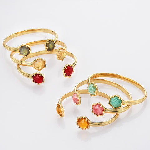Gold Plated Hexagon Rainbow Gemstone Faceted Claw Bangle, Healing Birthstone Cuff Bracelet Jewelry ZG0496