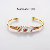 Gold Plated Brass Multi Gemstone Wire Wrap Bangle Bracelet, Healing Crystal Stone Cuff Handmade Boho Jewelry WX2075