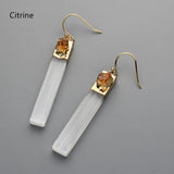 Gold Plated Rectangle Natural Selenite Crystal Earrings, Pave Raw Gemstone Chips, Healing Jewelry, Boho Earrings G2091