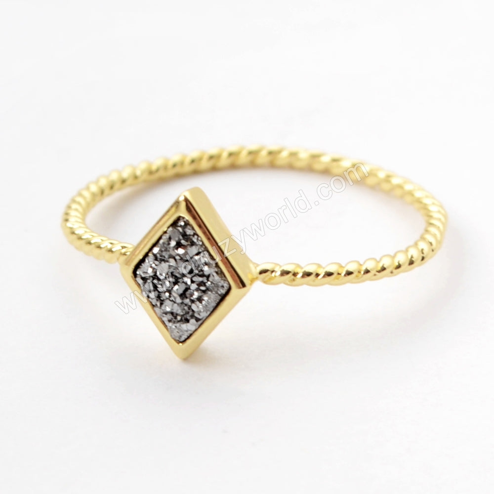 Diamond Gold Plated Natural Agate Titanium Rainbow Druzy Bezel Ring ZG0292