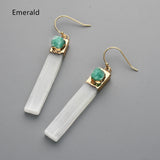 Gold Plated Rectangle Natural Selenite Crystal Earrings, Pave Raw Gemstone Chips, Healing Jewelry, Boho Earrings G2091