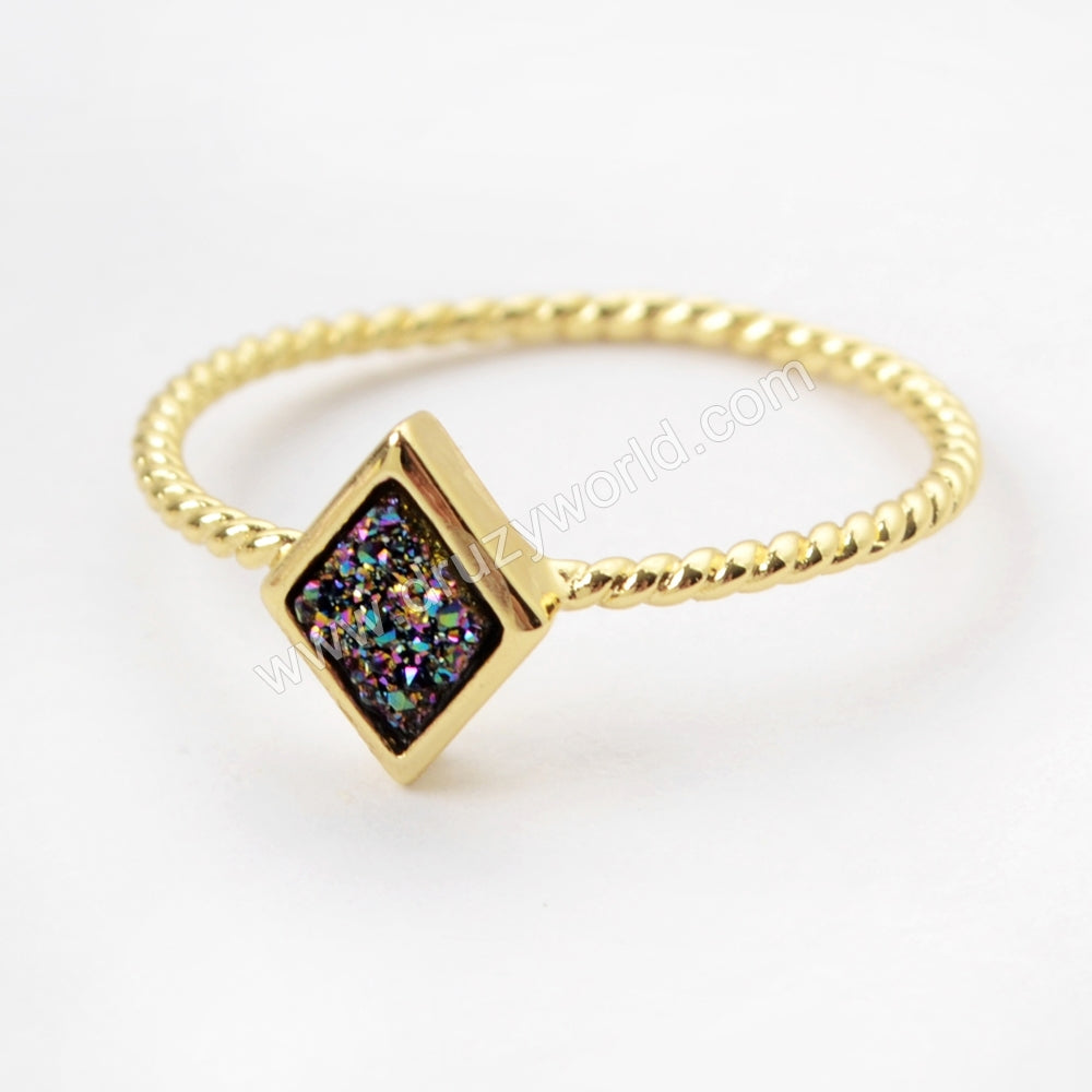 Diamond Gold Plated Natural Agate Titanium Rainbow Druzy Bezel Ring ZG0292