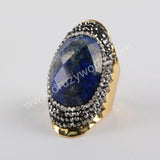 Rhinestone Pave Copper Turquoise Gemstone Faceted Gold Band Ring Boho Jewelry For Women JAB981-1