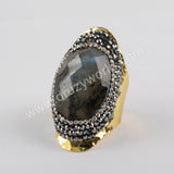 Rhinestone Pave Copper Turquoise Gemstone Faceted Gold Band Ring Boho Jewelry For Women JAB981-1