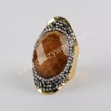 Rhinestone Pave Copper Turquoise Gemstone Faceted Gold Band Ring Boho Jewelry For Women JAB981-1
