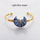 Gold Plated Brass Rainbow Gemstone Crescent Moon Wire Wrap Bangle Bracelet Handmade Boho Jewelry WX2074