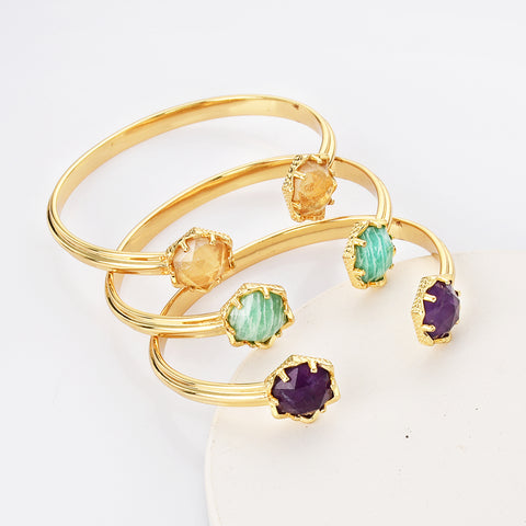 Gold Plated Hexagon Rainbow Gemstone Faceted Claw Bangle, Healing Birthstone Cuff Bracelet Jewelry ZG0496