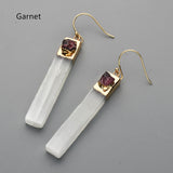Gold Plated Rectangle Natural Selenite Crystal Earrings, Pave Raw Gemstone Chips, Healing Jewelry, Boho Earrings G2091