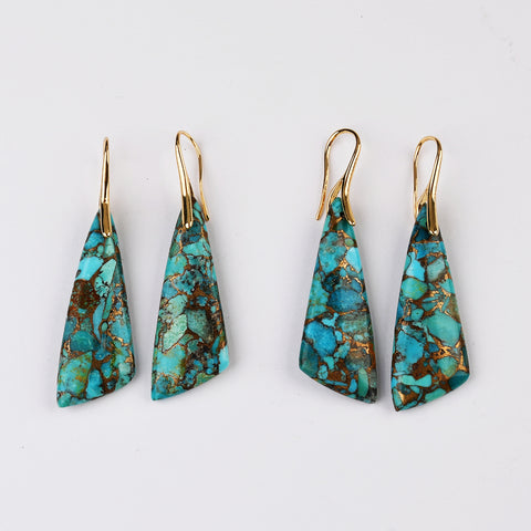 Long Triangle Drop Gold Plated Natural Copper Turquoise Dangle Earrings G2078-1
